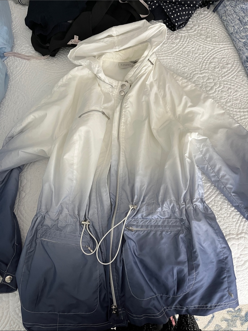 Chico's Ombre Hooded Anorak Jacket in White and Blue